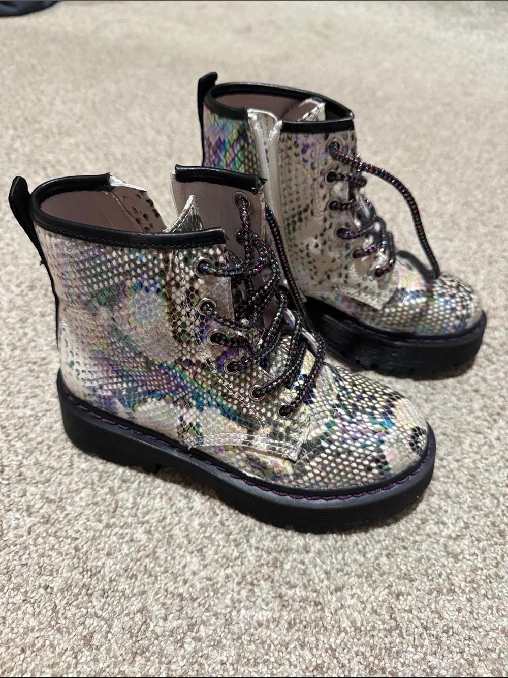 Madden Girl Iridescent Snake-Print Combat Boots - Silver with Multicolor Accents